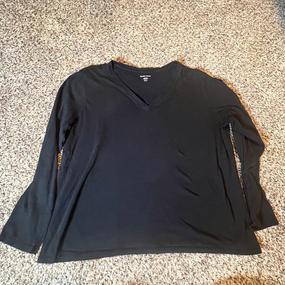 Eileen Fisher Womens Black Long Sleeve V-Neck Slub Knit‎ T-Shirt Top Large Peru